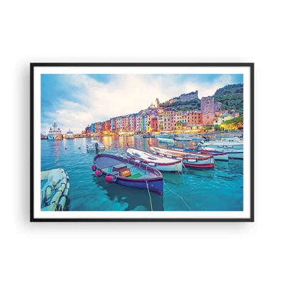 Poster in black frame - Colourful Evening in a Port - 100x70 cm