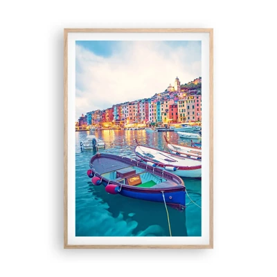 Poster in light oak frame - Colourful Evening in a Port - 61x91 cm