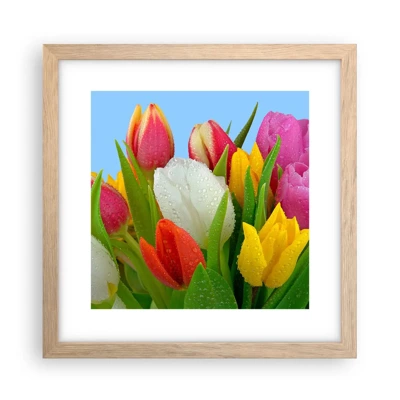 Poster in light oak frame - Floral Rainbow in Dew Drops - 30x30 cm