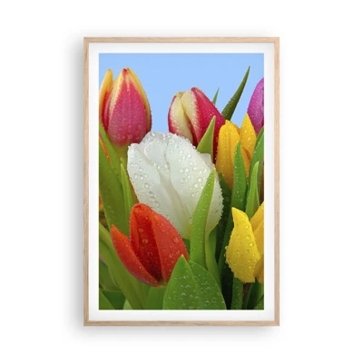 Poster in light oak frame - Floral Rainbow in Dew Drops - 61x91 cm