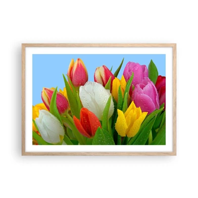 Poster in light oak frame - Floral Rainbow in Dew Drops - 70x50 cm