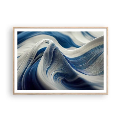 Poster in light oak frame - Fluidity of Blue and White - 100x70 cm