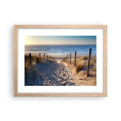 Poster in light oak frame - Sound of the Sea, Singing of the Birds, Wild Beach among Grass - 40x30 cm