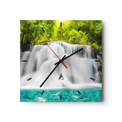 Wall clock - Clock on glass - Foamy Cascade from Green to Azure - 40x40 cm