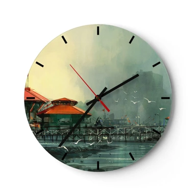 Wall clock - Clock on glass - Gloomy Day at the Port - 30x30 cm