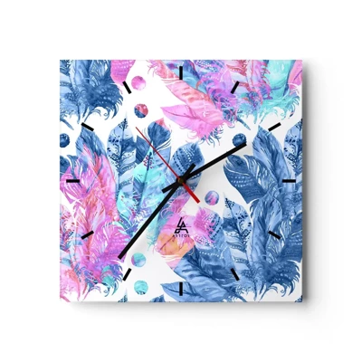 Wall clock - Clock on glass - Pink and Blue Plumes - 30x30 cm