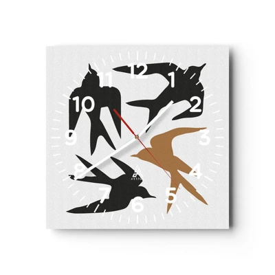 Wall clock - Clock on glass - Swallows at Play - 30x30 cm