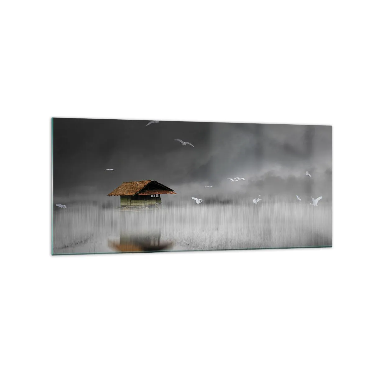 Glass picture  Arttor 120x50 cm - Shelter from the Rain - Landscape, Fog, Hut On The Water, Nature, The Birds, For living-room, For bedroom, White, Brown, Horizontal, Glass, GAB120x50-4896