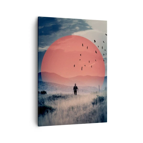 Canvas picture Arttor 50x70 cm - In Their Elements - Landscape, Wanderer, Meadow, Sun, The Birds, For living-room, For bedroom, Black, Blue, Vertical, Canvas
, PA50x70-5163