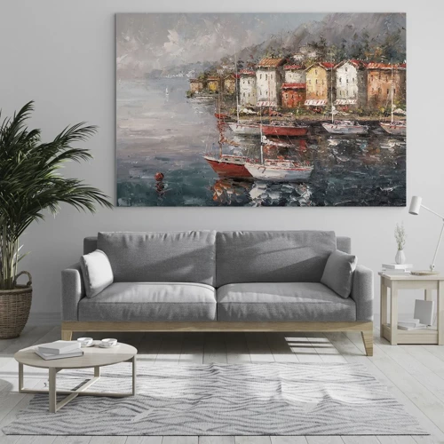 Glass picture  Arttor 70x50 cm - Romantic Marina - Architecture, Port Town, Sailboat, Sea, Painting, For living-room, For bedroom, White, Brown, Horizontal, Glass, GAA70x50-5136