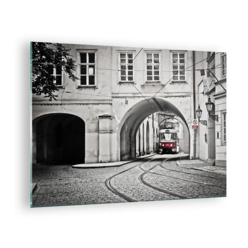 Glass picture Arttor 70x50 cm - Through City Labirynth - City, Tram, Prague, Architecture, Vintage, For living-room, For bedroom, White, Black, Horizontal, Glass, GAA70x50-4193