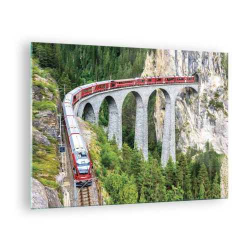 Glass picture Arttor 70x50 cm - Time for Mountin Views - Railway Bridge, Mountain Landscape, Passenger Train, Mountains, Alps, For living-room, For bedroom, White, Brown, Horizontal, Glass, GAA70x50-4605