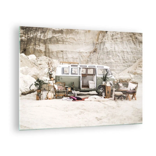 Glass picture Arttor 70x50 cm - Time to Start the Trip - Campervan, Car, Journey, Landscape, Lifestyle, For living-room, For bedroom, White, Brown, Horizontal, Glass, GAA70x50-4542