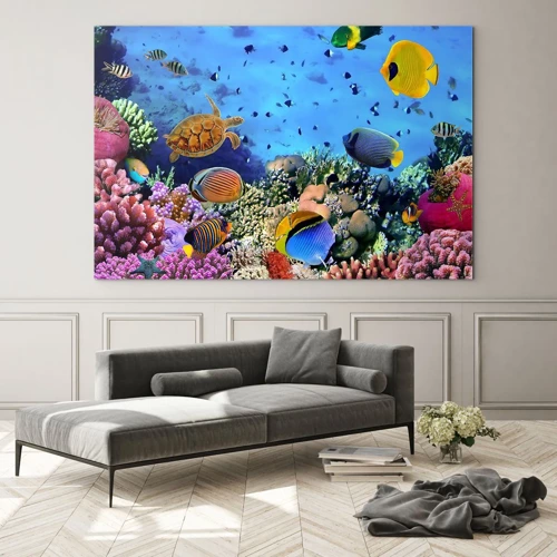 Glass picture  Arttor 70x50 cm - What Do We Know about Life? - Coral Reef, Underwater World, Fishes, Caribbean, Diving, For living-room, For bedroom, Blue, Yellow, Horizontal, Glass, GAA70x50-3569