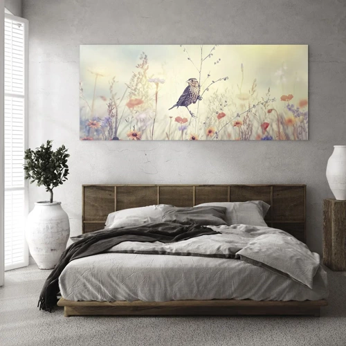 Glass picture - Bird Portrait with a Meadow in the Background - 160x50 cm