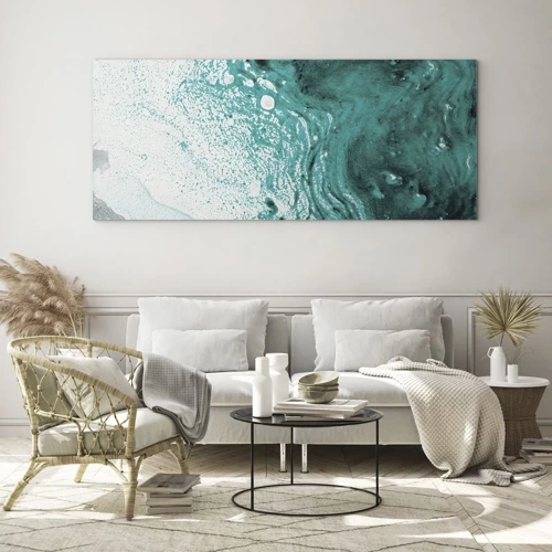 Glass picture - Dissolving in White and Turquoise - 160x50 cm