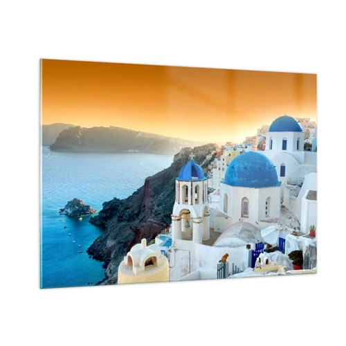 Glass picture - Santorini - Snuggling up to the Rocks - 100x70 cm