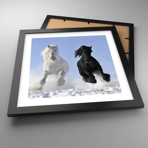 Poster in black frame - Black and White Gallop - 30x30 cm