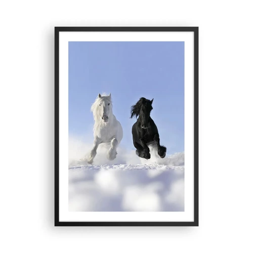 Poster in black frame - Black and White Gallop - 50x70 cm