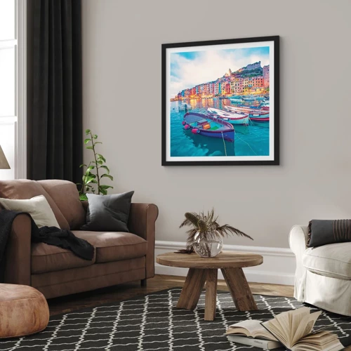 Poster in black frame - Colourful Evening in a Port - 30x30 cm