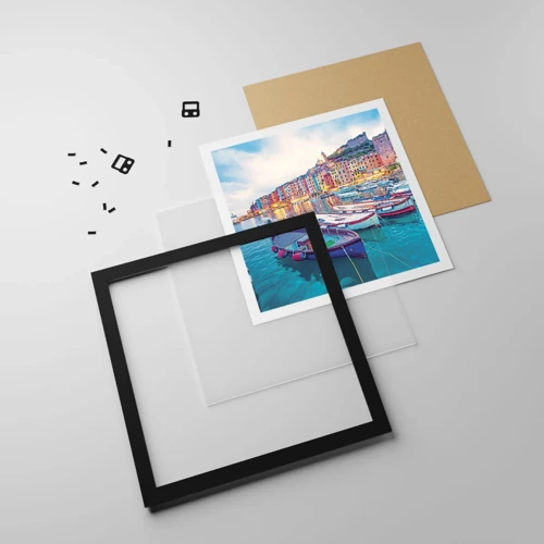 Poster in black frame - Colourful Evening in a Port - 50x50 cm