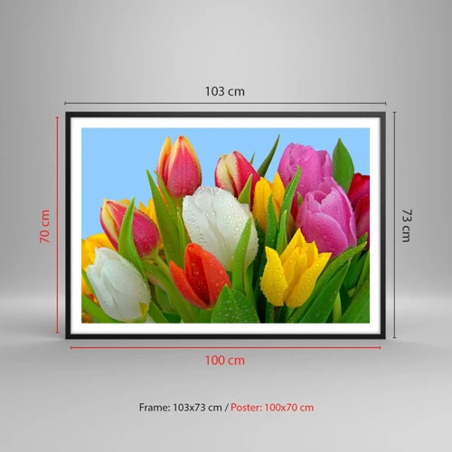 Poster in black frame - Floral Rainbow in Dew Drops - 100x70 cm