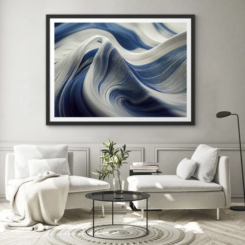 Poster in black frame - Fluidity of Blue and White - 100x70 cm