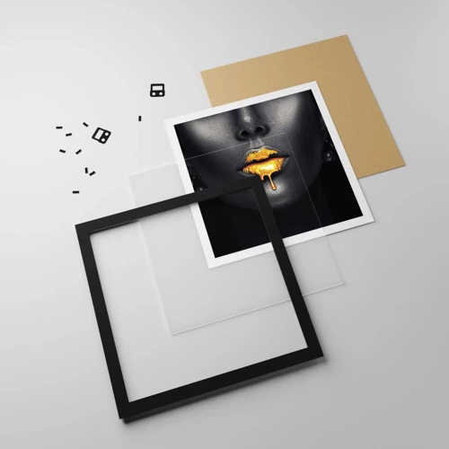 Poster in black frame - Golden Lips - 50x50 cm