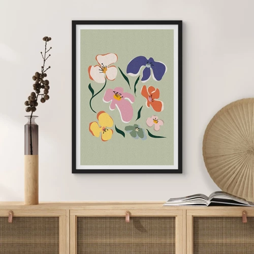 Poster in black frame - Pansies in a Row - 50x70 cm