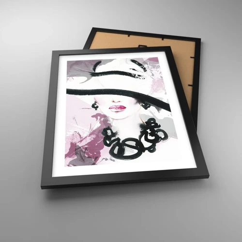 Poster in black frame - Portrait of a Lady in Black and Pink - 30x40 cm