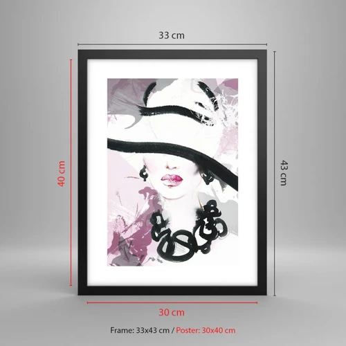 Poster in black frame - Portrait of a Lady in Black and Pink - 30x40 cm