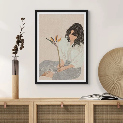 Poster in black frame - Portrait with an Exotic Flower - 50x70 cm