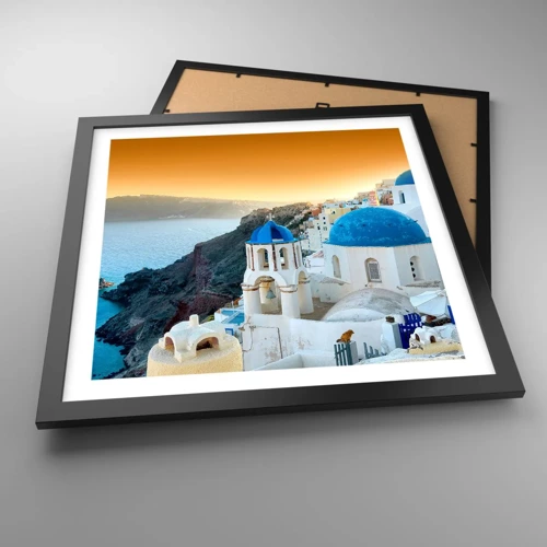 Poster in black frame - Santorini - Snuggling up to the Rocks - 40x40 cm