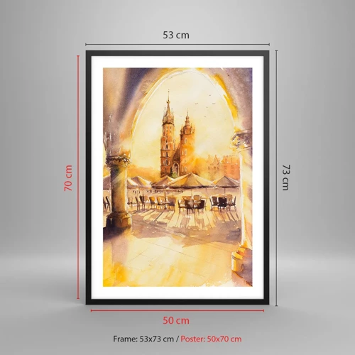 Poster in black frame - Sunrise over a Crocow Market - 50x70 cm