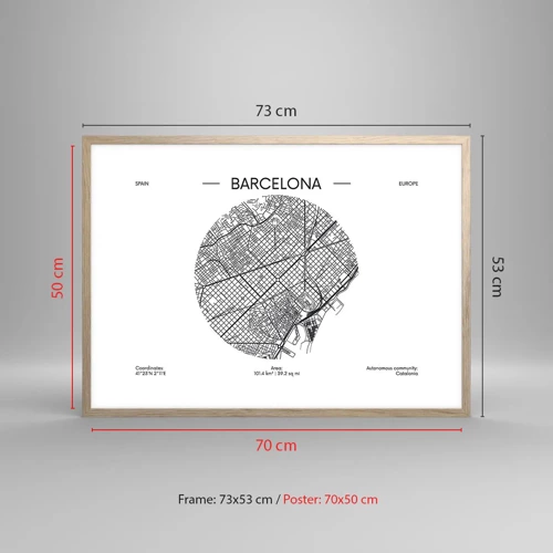 Poster in light oak frame - Anatomy of Barcelona - 70x50 cm