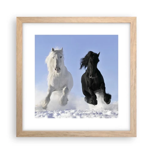 Poster in light oak frame - Black and White Gallop - 30x30 cm