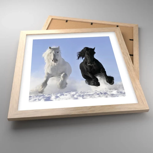 Poster in light oak frame - Black and White Gallop - 30x30 cm