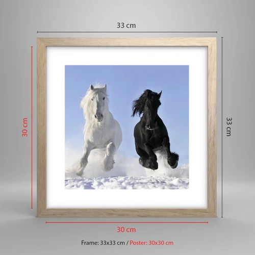 Poster in light oak frame - Black and White Gallop - 30x30 cm