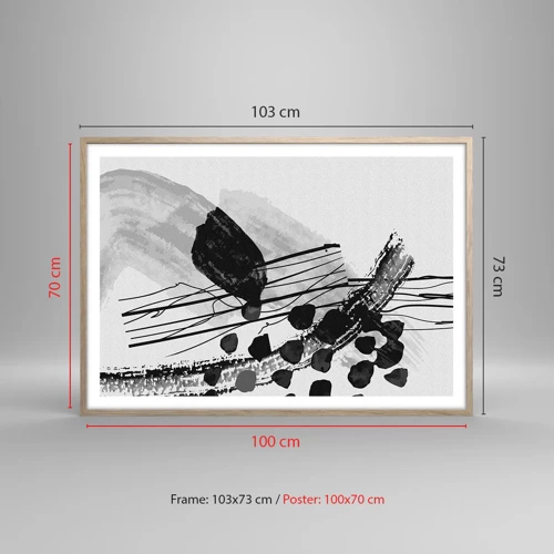 Poster in light oak frame - Black and White Organic Abstraction - 100x70 cm