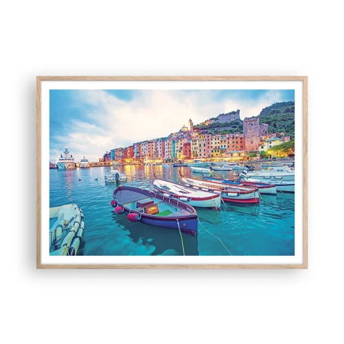 Poster in light oak frame - Colourful Evening in a Port - 100x70 cm