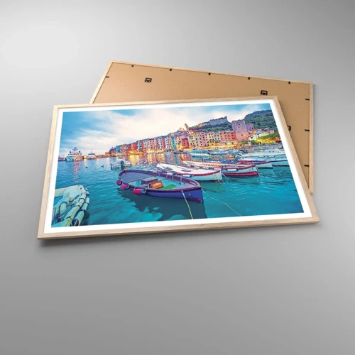 Poster in light oak frame - Colourful Evening in a Port - 100x70 cm