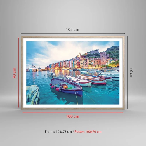 Poster in light oak frame - Colourful Evening in a Port - 100x70 cm