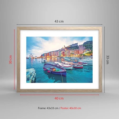 Poster in light oak frame - Colourful Evening in a Port - 40x30 cm