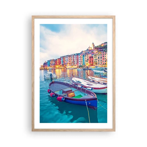 Poster in light oak frame - Colourful Evening in a Port - 50x70 cm