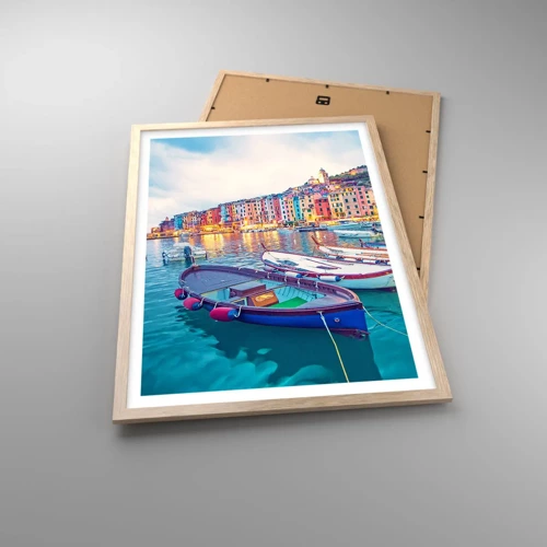 Poster in light oak frame - Colourful Evening in a Port - 50x70 cm