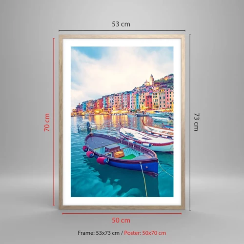 Poster in light oak frame - Colourful Evening in a Port - 50x70 cm