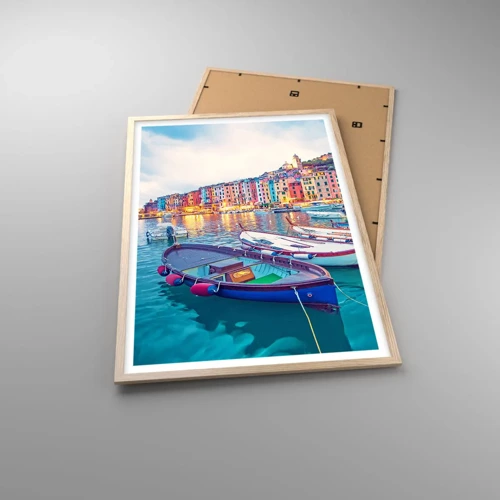 Poster in light oak frame - Colourful Evening in a Port - 61x91 cm