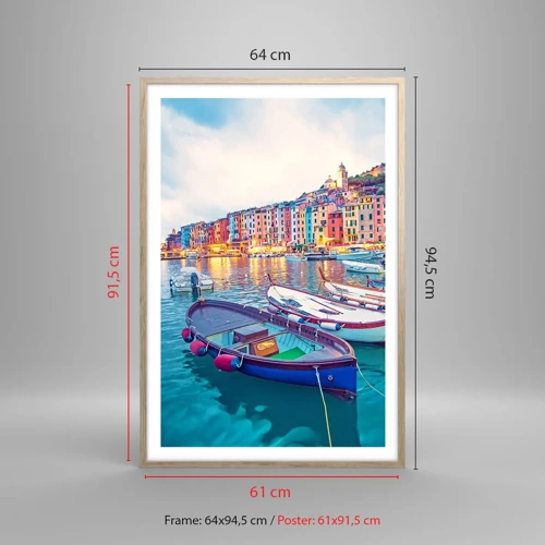 Poster in light oak frame - Colourful Evening in a Port - 61x91 cm