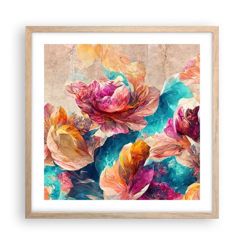 Poster in light oak frame - Colourful Splendour of a Bouquet - 50x50 cm