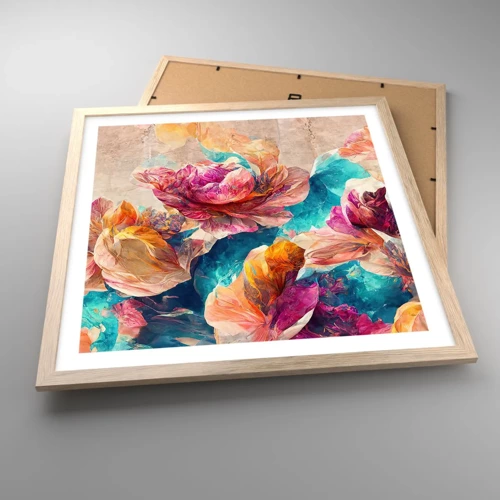 Poster in light oak frame - Colourful Splendour of a Bouquet - 50x50 cm